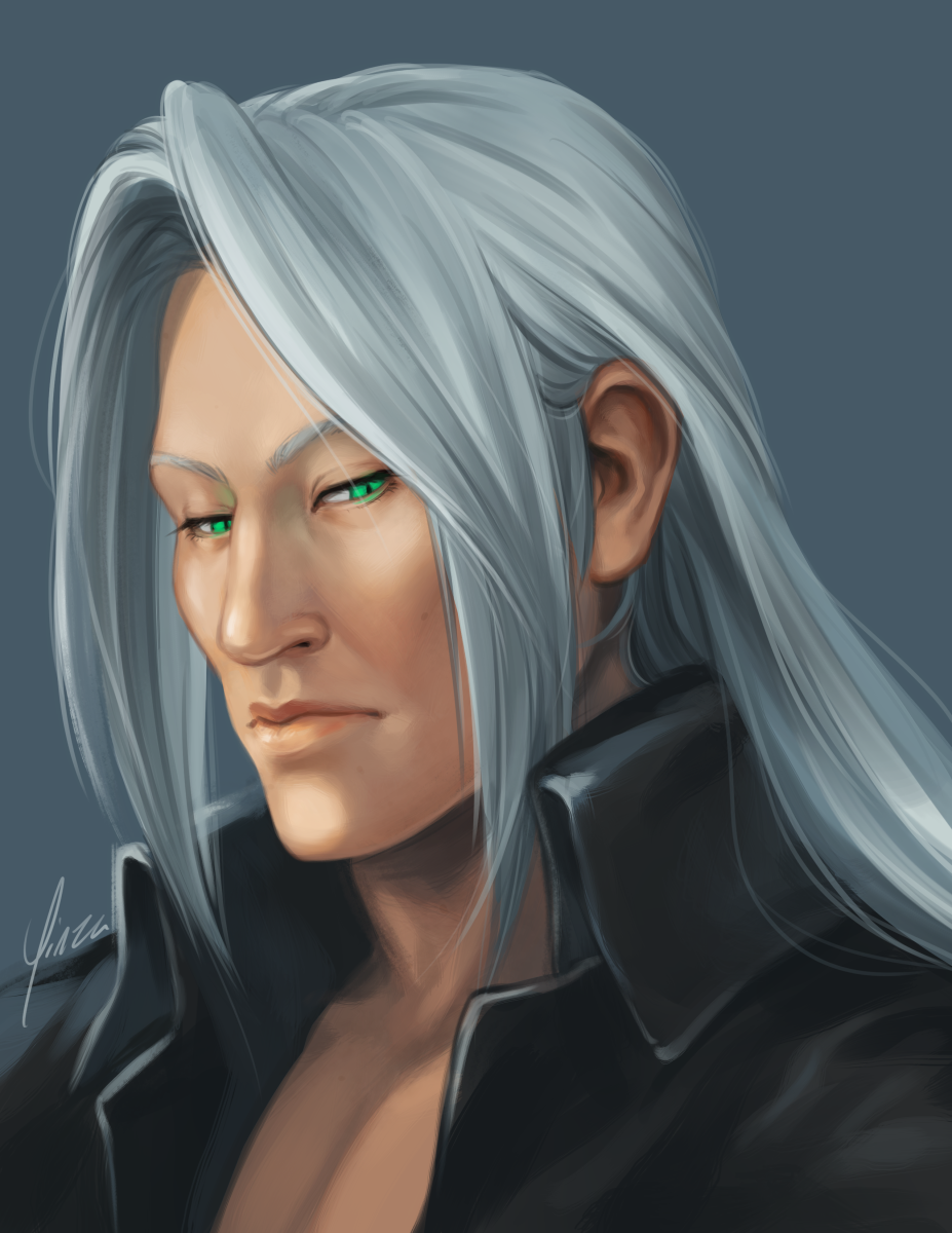 A digital bust painting of Sephiroth. He is depicted at a 3/4 angle, wearing his black leather coat without armor. He looks down and to the side, a melancholy expression on his face.
