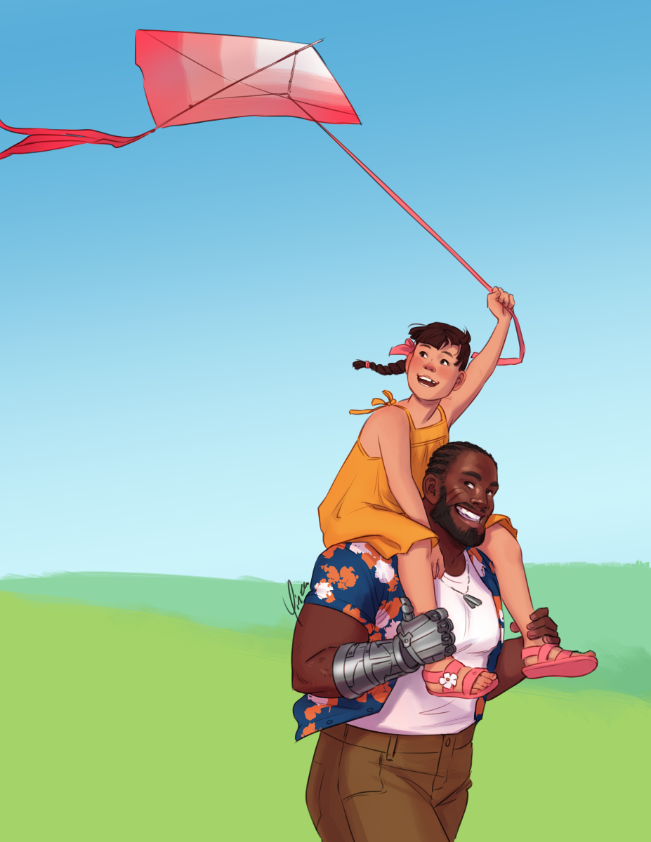 Digital artwork of Barret and Marlene Wallace. Marlene wears a yellow sundress and pink sandals, with her hair tied in a single braid with a pink ribbon as in Advent Children. Similarly, Barret wears his hair in cornrows and has a prosthetic metal hand. He wears a dark blue shirt with an orange and white floral pattern over a white shirt and khaki pants. Barret is carrying Marlene on his shoulders and grinning up at her. Marlene holds the string of a pink kite overhead and is looking back towards it with a grin.