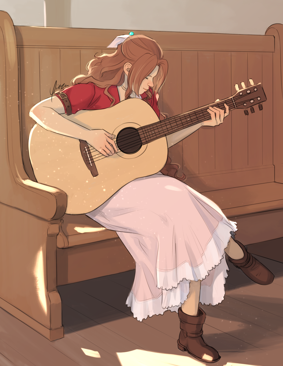 Digital artwork of Aeris Gainsborough. She wears her Remake outfit with her hair only partly tied back so that her curls spill down her back. She sits on a pew in her church, her right leg crossed over her left, head tilted down as she plays an acoustic guitar with a faint smile. Warm light splashes across her from off-screen windows.