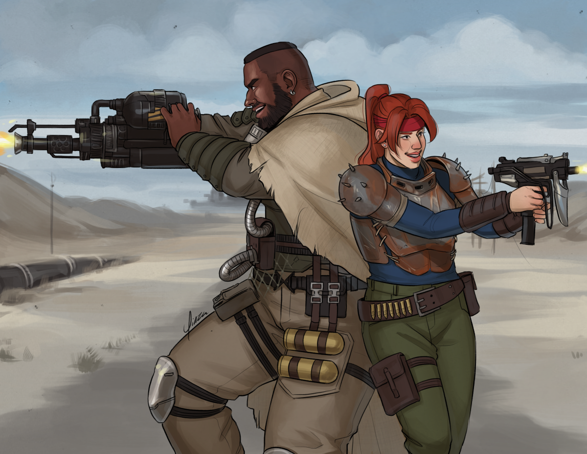Digital artwork of Barret Wallace and Jessie Rasberry, shown from the knees up in the Midgar wasteland. Barret wears his Ever Crisis outfit in khaki colors and ragged cape, while Jessie wears Fallout-style metal armor over a blue shirt and green pants. They stand back-to-back, grinning as they fire their guns at off-screen enemies.
