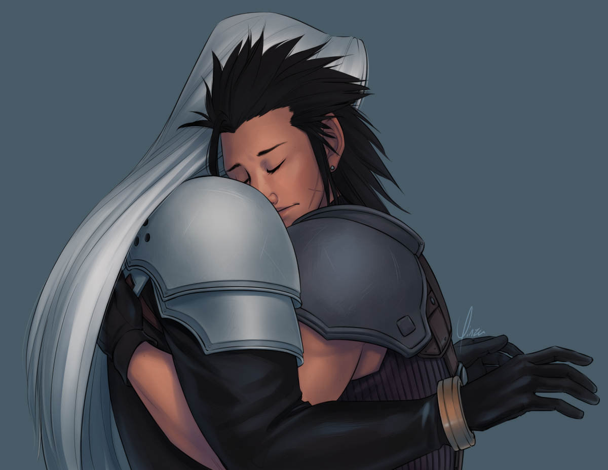 Digital fanart of Sephiroth and Zack Fair from the waist up. Seen from the side, Zack has his arms wrapped around Sephiroth, with his face leaning into Sephiroth's shoulder. His eyes are closed and his brows are drawn in sympathy. Sephiroth's face is hidden by Zack’s head, but his arms are half-raised in surprise.