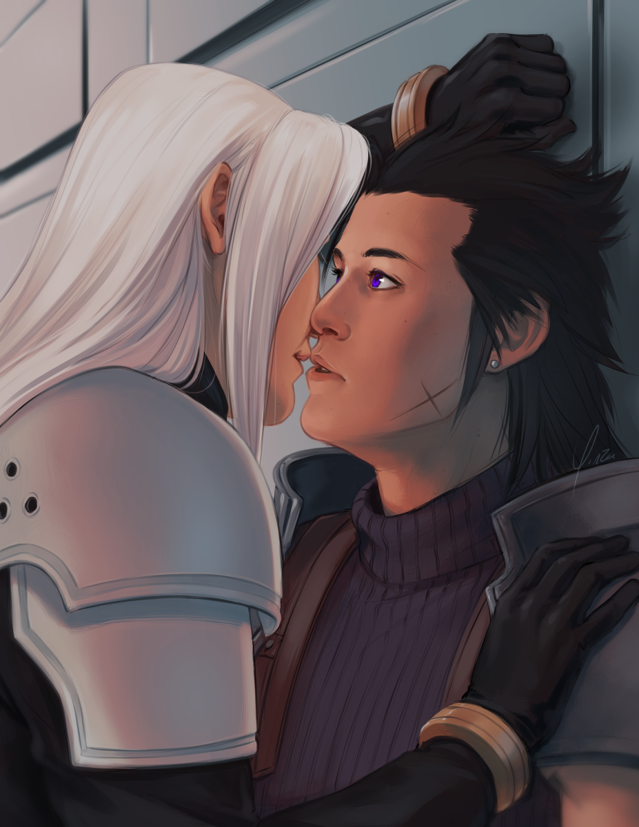 Digital fanart of Sephiroth and Zack Fair, depicted from the chest up. Zack stands with his back against a wall in the Shinra building, lips parted, staring in surprise at Sephiroth. Sephiroth has his left hand planted against the wall above Zack's head and his right hand against Zack's pauldron, and he is leaning in, close to kissing him. His face is mostly obscured by his hair.