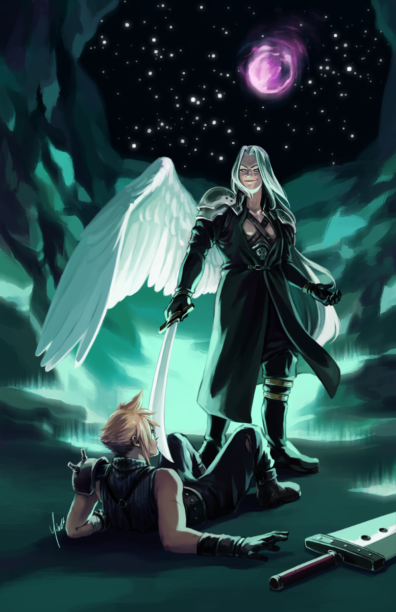 In the final battle at the Northern Crater, Sephiroth holds the Masamune to Cloud's throat. Cloud reaches for his sword. Meteor is visible in the sky above.