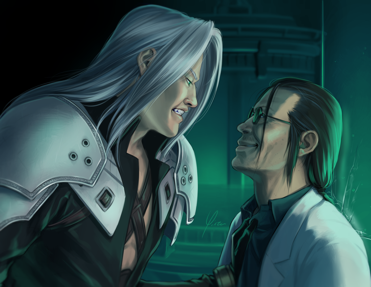 Sephiroth stands to the left, his teeth clenched in anger, having just slammed Hojo against a Mako tank hard enough to crack the glass. His left hand is still fisted in Hojo's shirt, but Hojo looks up at him with a smug grin. A second empty Mako tank is visible blurred in the background.