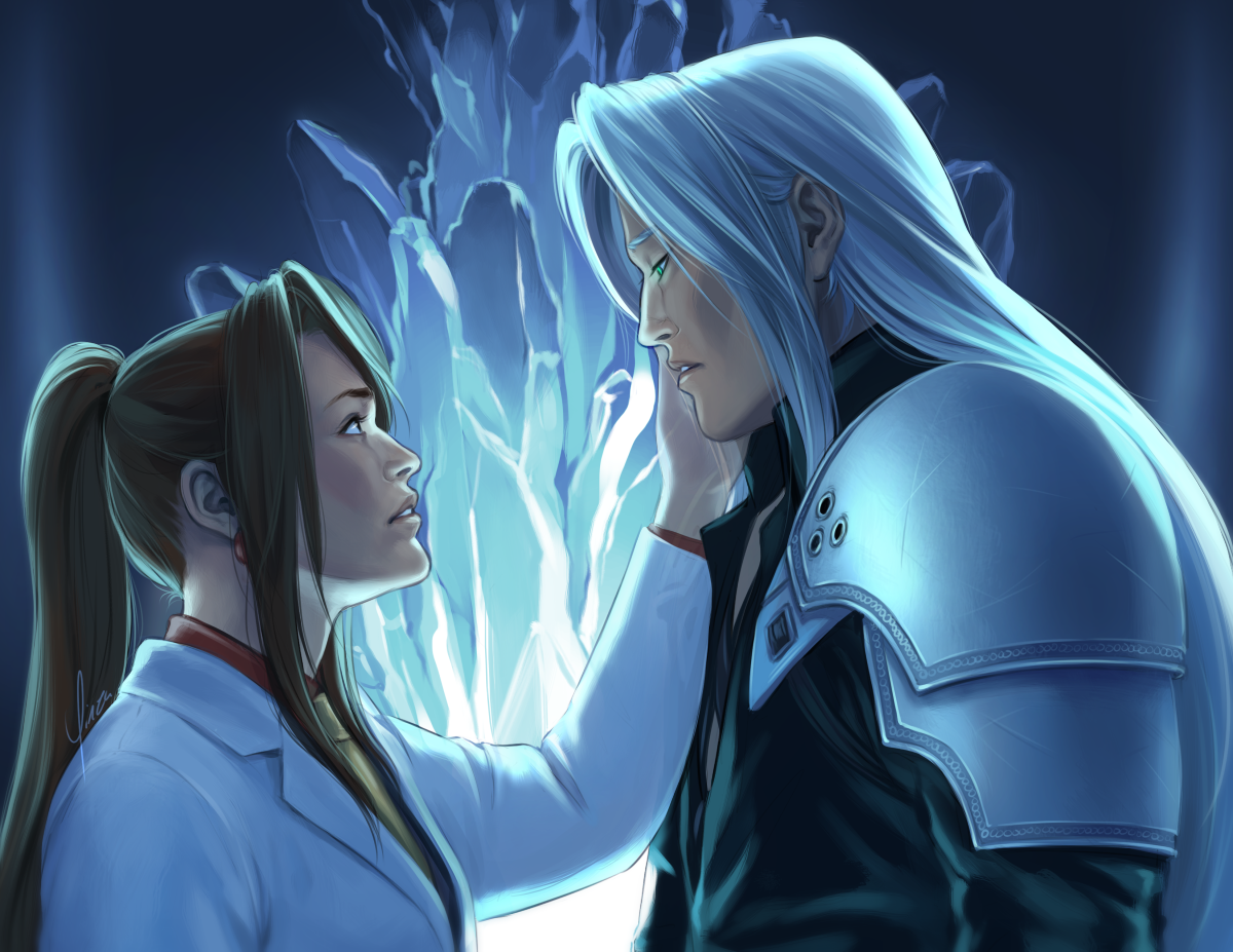 Sephiroth stands to the right, looking down at Lucrecia, who wears her lab coat over her red shirt and yellow tie from her original game design. They are backlit by the glowing crystal formation of her cave. Each wears a sad expression as they look at each other, and Lucrecia lifts her left hand to touch Sephiroth's face. Her hand is faintly translucent.