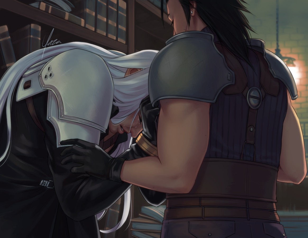 Digital fanart of Sephiroth and Zack in the basement of the Shinra mansion in Nibelheim. Sephiroth is hunched forward with his hands fisted in Zack's shirt and his forehead pressed against Zack's chest. His hair is falling forward over his shoulders and tears are running down his face. Zack is seen mostly from behind, looking down at Sephiroth with his hands lifted tentatively as if debating a hug. Behind them, half-empty bookshelves are visible, and the light is on in the study at the end of the hall.