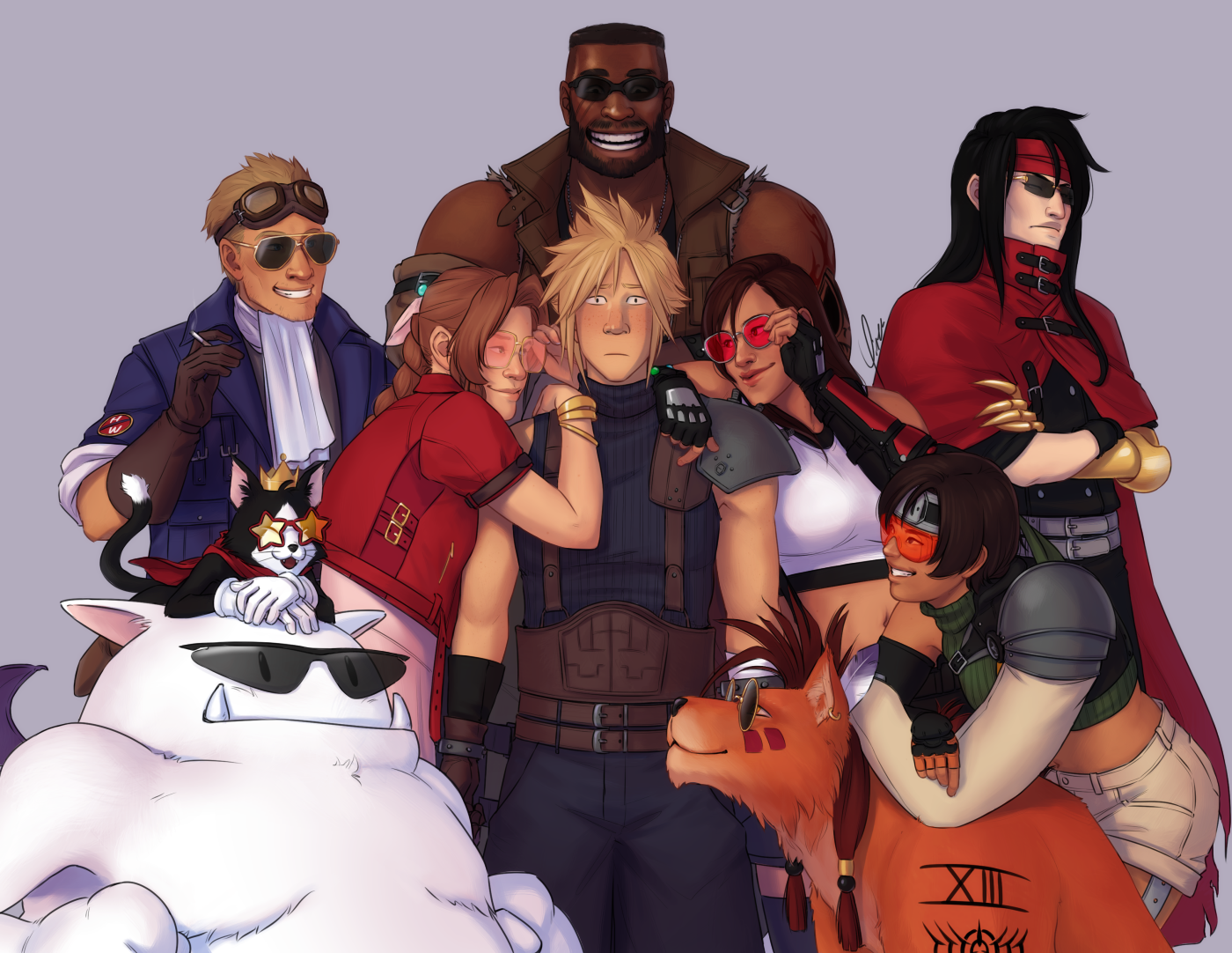 Digital fanart of Final Fantasy VII's playable characters. Cloud stands awkwardly in the center, blushing, the only one not wearing sunglasses. Aeris and Tifa are leaning on either shoulder, grinning at him. Cid stands behind Aeris, and Cait Sith in front of her, and even Mog is wearing sunglasses. Vincent stands behind Tifa, while Yuffie leans down in front with her arms across Nanaki's back. Barret stands directly behind Cloud, grinning down at him delightedly.