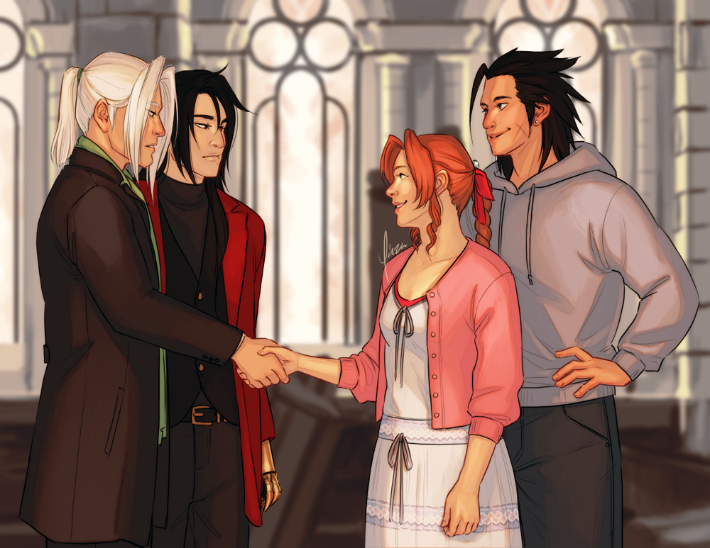 A scene in Aeris's church. Sephiroth and Vincent stand side-by-side on the left, in casual clothes, while Aeris and Zack stand opposite them. Aeris is smiling as she shakes Sephiroth's hand.