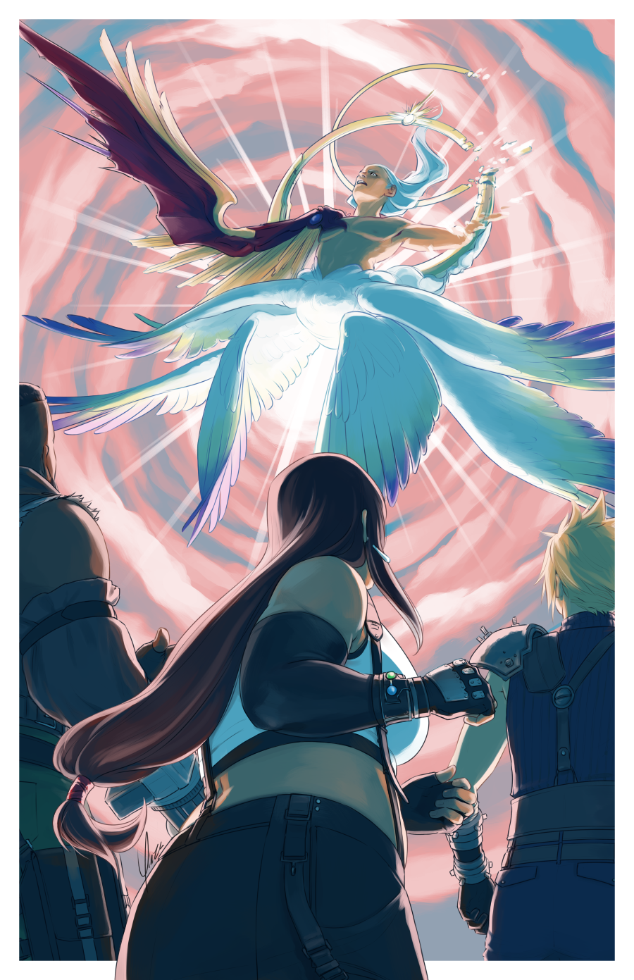 An illustration depicting 20-year-old Tifa with Barret and Cloud standing on either side of her, weapons lowered. Tifa is just starting to lower her fists. Above them, against a swirling vortex of pink and blue clouds, is Safer Sephiroth, who is beginning to disintegrate.