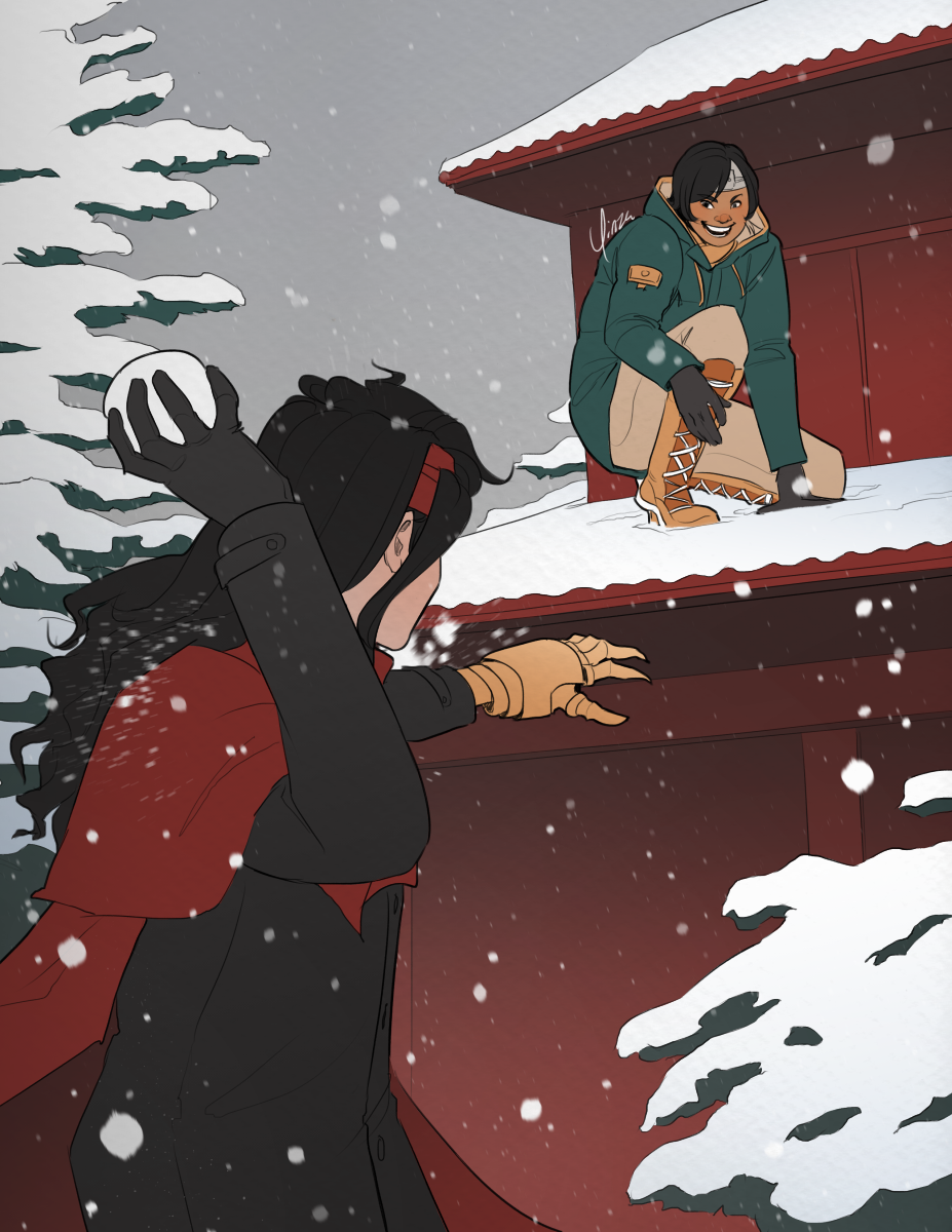 Digital artwork of Vincent and Yuffie in Wutai. Yuffie wears a green coat over beige pants and orange lace-up boots. She is crouched on the first story roof of a red building, a huge grin on her face and her hand extended from having thrown a snowball. Vincent stands on the ground in the foreground, his back to the viewer. He wears a black coat and glove under his red cape. His right arm is pulled back, about to throw a snowball at Yuffie. Snow is falling around them and blankets the roofs and pine trees in the background.