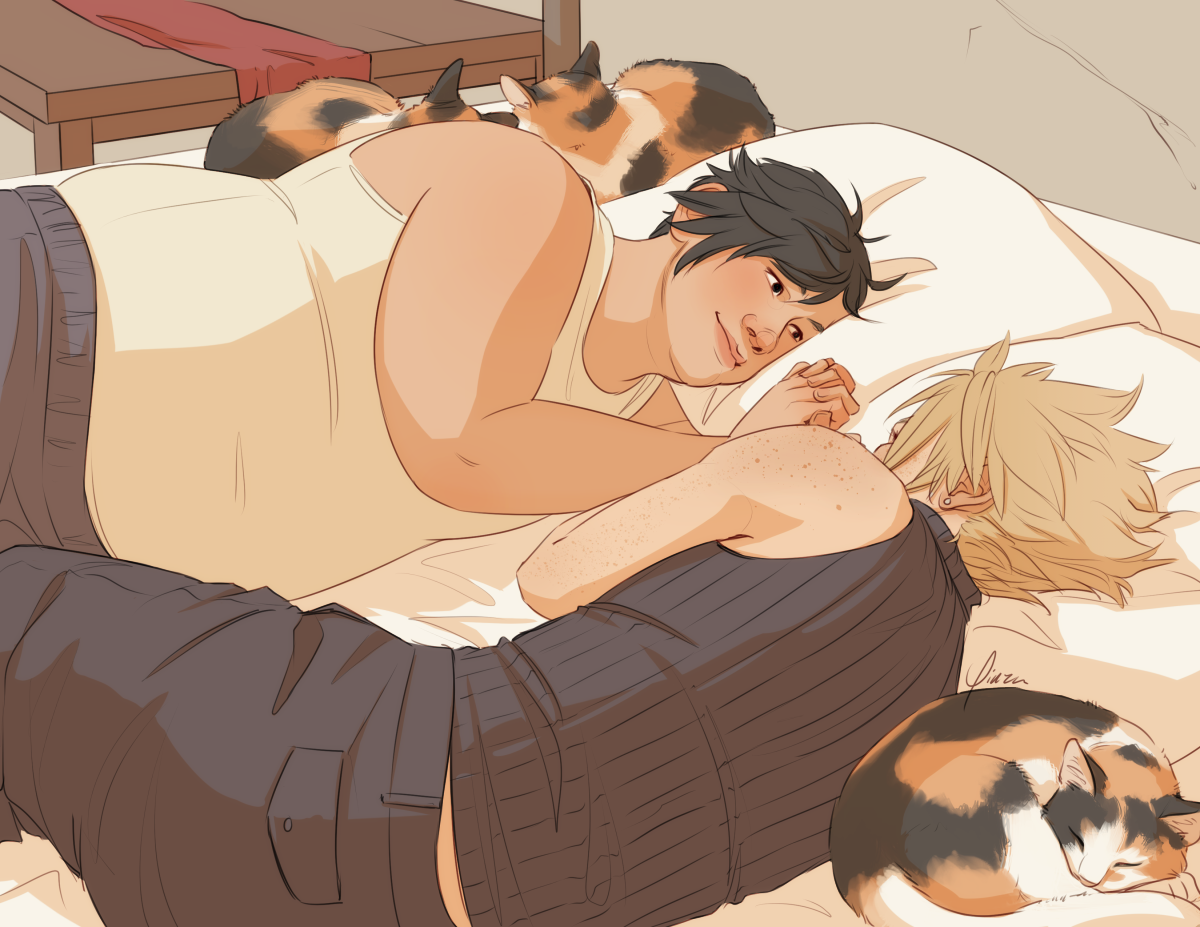 Digital artwork of Wedge and Cloud. They are lying in bed facing each other, their fingers interlaced between them. Cloud lies with his back to the viewer, wearing his SOLDIER uniform without the armor or belts. Wedge wears a light tank top, and has removed his red bandana. All three calico cats are curled up in the bed with them, two behind Wedge and the other curled up behind Cloud's back.