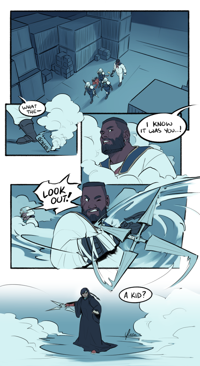 The first of three comic pages. Panel 1: Cloud, Tifa, Aeris, Nanaki, and Barret walk through the cargo hold of the ship, still in disguise. Panel 2: A smoke bomb lands at Barret's foot, and he goes 'What the--' Panel 3: Barret looks up as an unseen speaker says, 'I know it was you...!' Panel 4: Amid the smoke, Tifa shouts, 'Look out!' and Barret catches the 4-point shuriken with his hook arm. Panel 5: The smoke clears to reveal Yuffie in her black cape disguise, having just caught her shuriken.