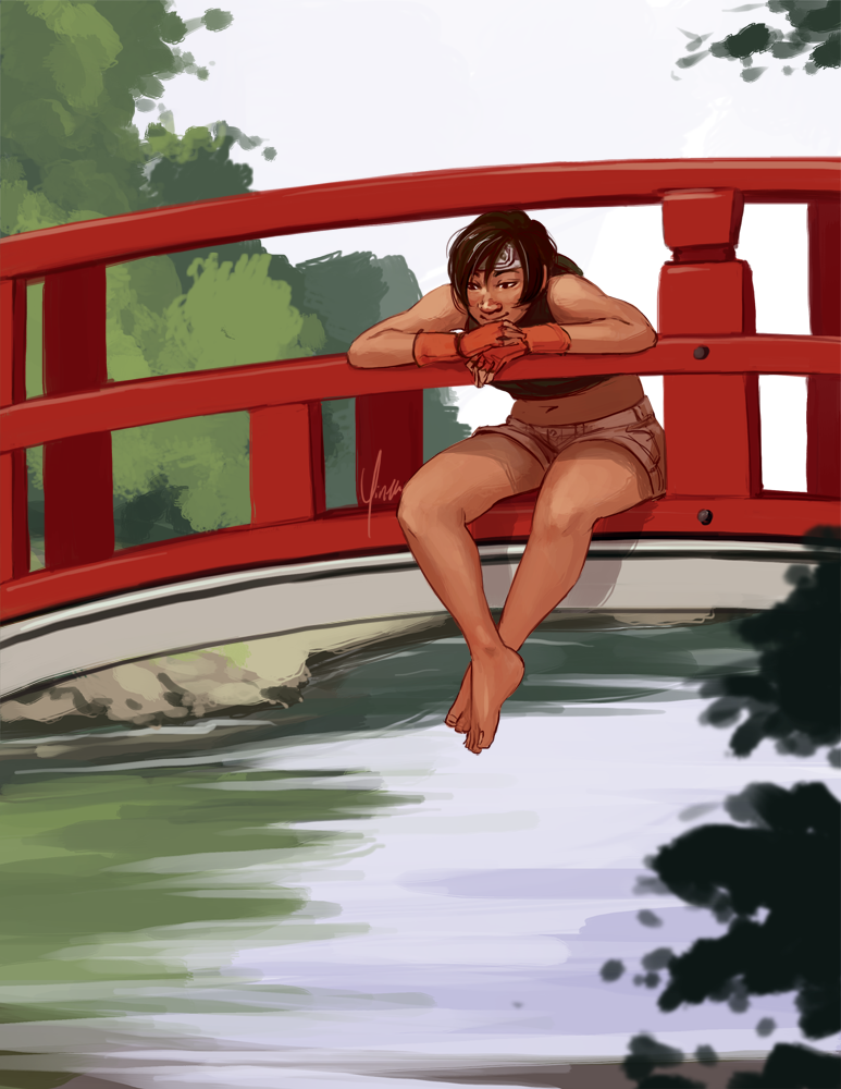 Yuffie sits on a bridge in Wutai, her arms resting on the railing and her bare feet dangling over the water. She is smiling slightly.