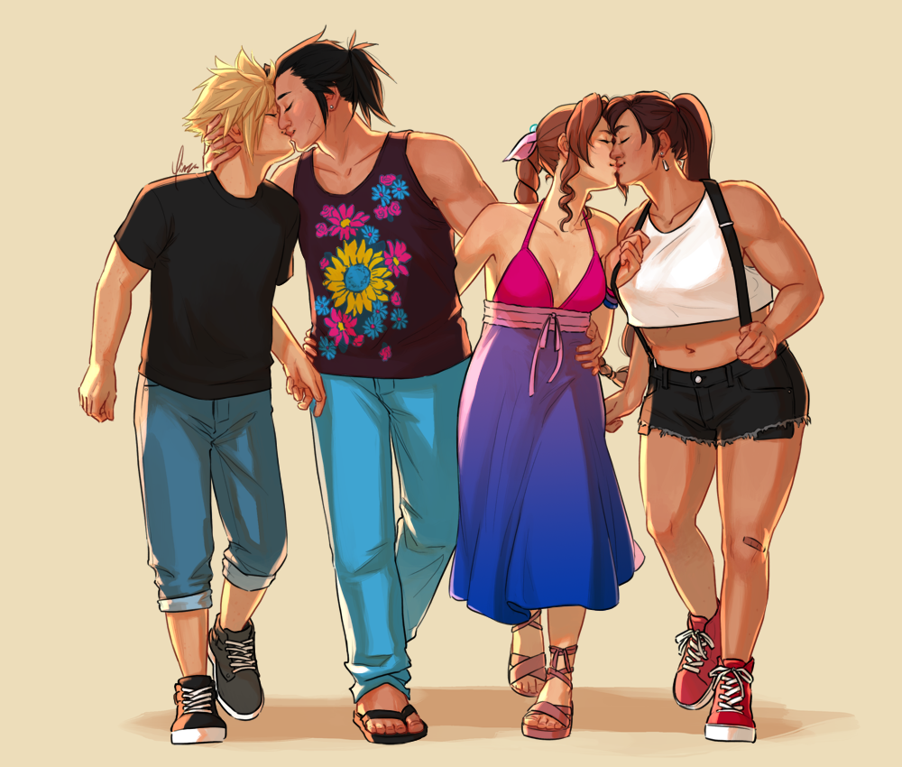 Zack and Aeris are walking with their arms around each other. Zack is wearing a shirt with flowers in pansexual pride colors and is leaning away to kiss Cloud, who is walking beside him. Aeris is wearing a sundress in bisexual pride colors and is leaning away to kiss Tifa.