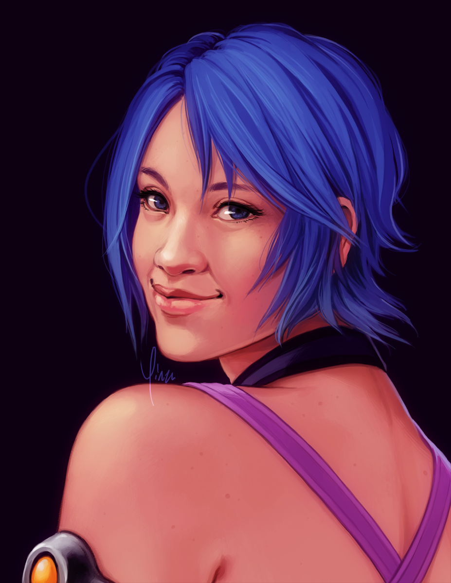 A portrait of Aqua looking over her shoulder.