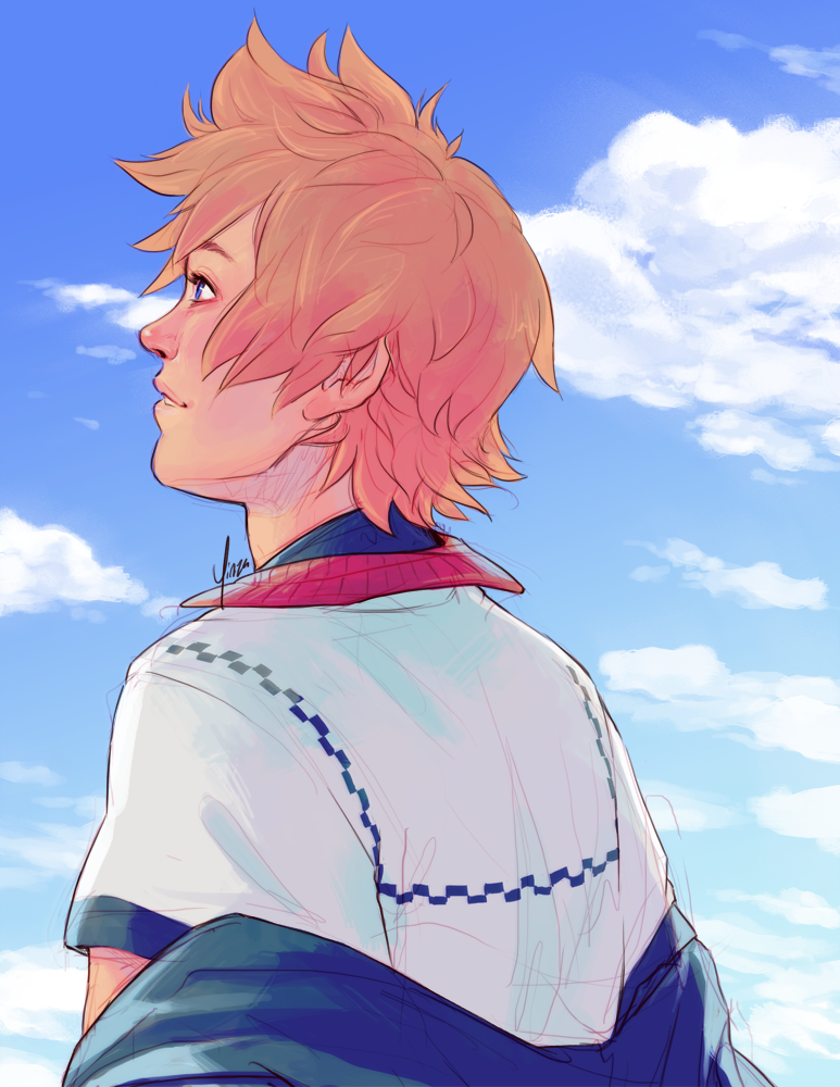 A drawing of Roxas with his back to the viewer. He is looking up at a blue sky with a slight smile as he shrugs out of his Organization XIII coat.