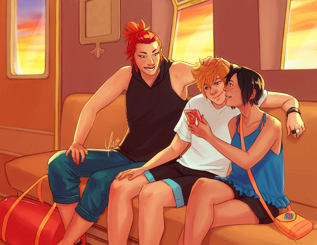 Axel, Roxas, and Xion sit together on the Twilight Town train. Xion is sharing something with the other two on her phone. Sunset light shines through the windows behind them.