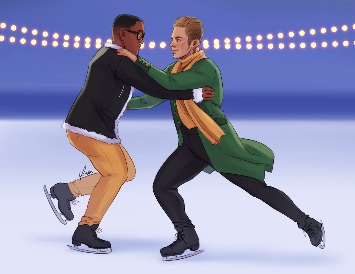 Digital art work of David Alleyne and Balthier. David wears a short black coat with white fur trim over yellow jeans and black-rimmed round glasses. Balthier wears a long green coat and yellow scarf over black pants. They are skating facing each other with David's hand at Balthier's side and Balthier's hand on his shoulder. Balthier's leg is extended behind him, while David is skating backwards. Lights are strung up above the rink in the background.