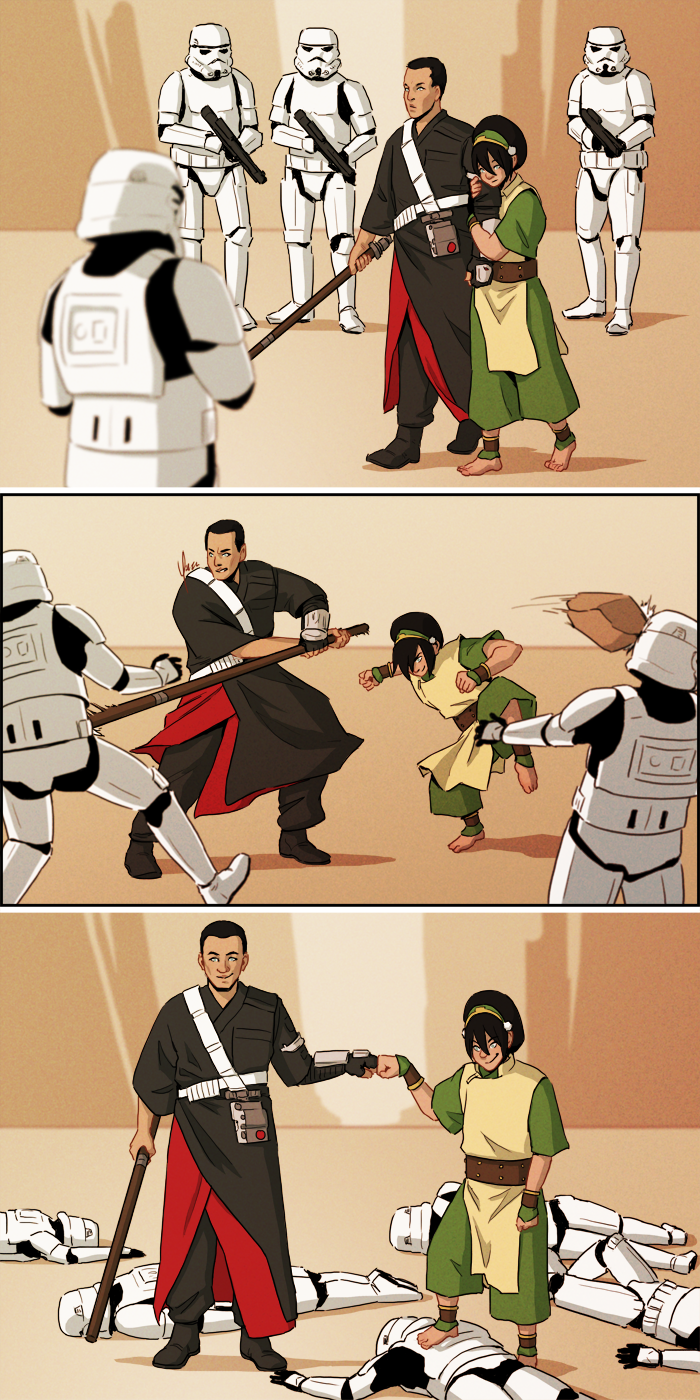 A comic in three panels. Panel 1: Chirrut and Toph walk into the midst of a group of stormtroopers; Toph is holding onto his arm while he uses his staff as a guide cane. Panel 2: Chirrut and Toph fight side-by-side to take out the stormtroopers. Panel 3: Chirrut and Toph stand among the now unconscious stormtroopers and fistbump.
