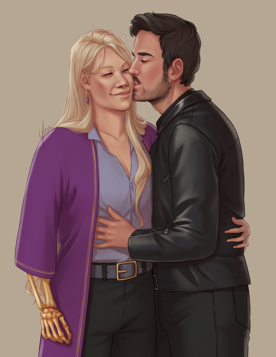 Digital art of Ianthe Tridentarius from The Locked Tomb and Killian Jones from Once Upon a Time, shown from the thighs up. Ianthe is mostly facing the camera, her bone arm resting at her side and her left arm around Killian’s waist. She is gaunt and light-skinned with waist-length pale blonde hair, some of which falls over her left shoulder. She wears dangling purple-and-gold earrings, a long purple coat with gold edging over a dull blue blouse, and black belted pants. Killian is facing her, his left side turned to the camera as he leans in to kiss her on the cheek. His left hand is flesh and rests against her midsection, slipping beneath her coat. He wears a modern black leather jacket and black jeans. Both have their eyes closed, and Ianthe smiles at the kiss.