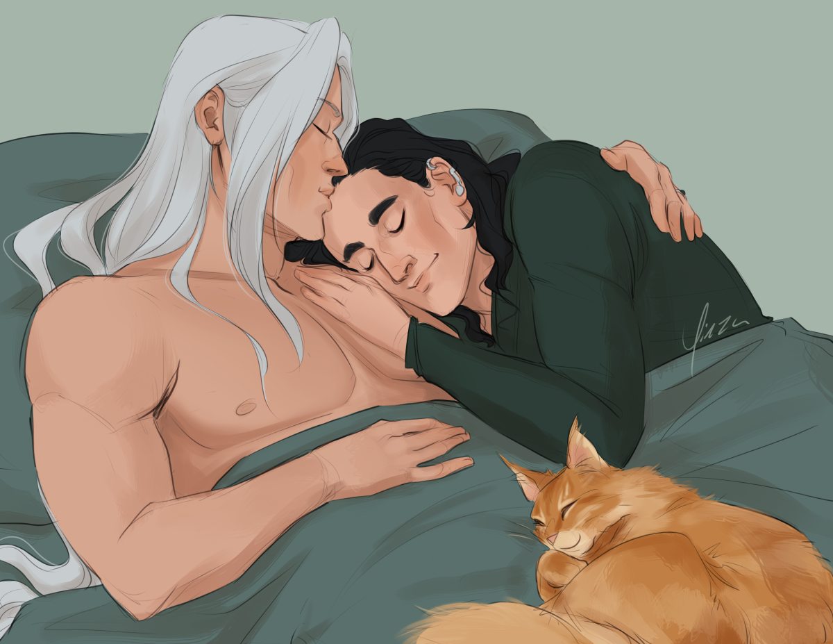 Digital artwork of Sephiroth from Final Fantasy VII and the MCU's Loki in bed together. Loki wears a dark green shirt and snake ear cuff, and is snuggled against Sephiroth with his head against his shoulder. Sephiroth is shirtless and has one arm around Loki as he kisses him softly on the forehead. Atop the covers between them is curled an orange Maine Coon.