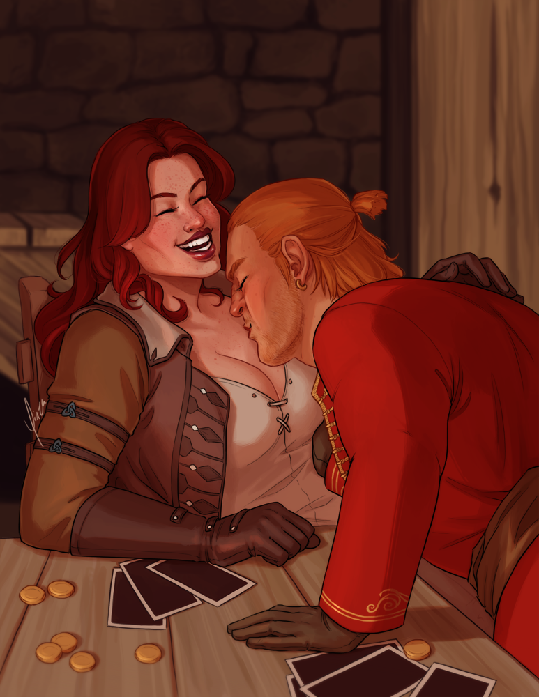 A digital illustration of some Dragon Age characters. A redheaded Inquisitor Cadash laughs as Varric leans across the table to kiss her collarbone in the middle of a card game.