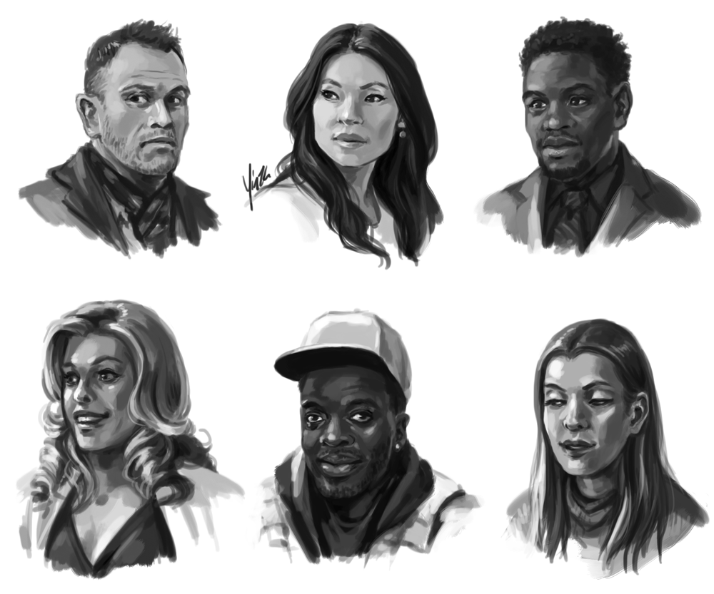 Black-and-white portraits of some of the Elementary cast: Sherlock Holmes, Joan Watson, Marcus Bell, Ms Hudson, Alfredo Llamosa, and Fiona Helbron.