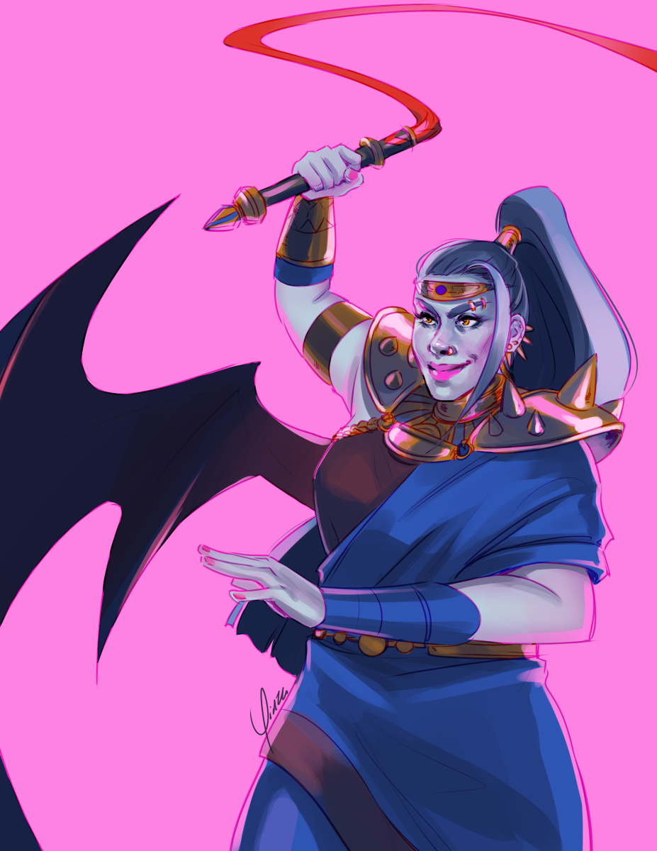 Digital artwork of Megaera from the game Hades, shown from the thighs up against a light fuchsia background. She is raising her whip above her head, about to strike, and smirking at something off camera ahead of her.