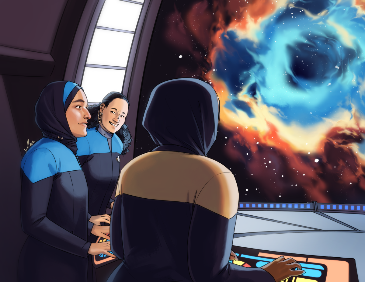 Digital artwork of three Starfleet officers in an astrometrics lab like the one on Voyager. They likewise wear Voyager-era uniforms. Closest to the foreground, a black hijabi woman in operations gold stands at a control panel with her back to the viewer. To her left stands a brown-skinned hijabi lieutenant in sciences blue, looking up at a nebula on the display with a smile. A light-skinned Bajoran ensign also in blue with long curly black hair stands beside the lieutenant, grinning over at her excitedly.