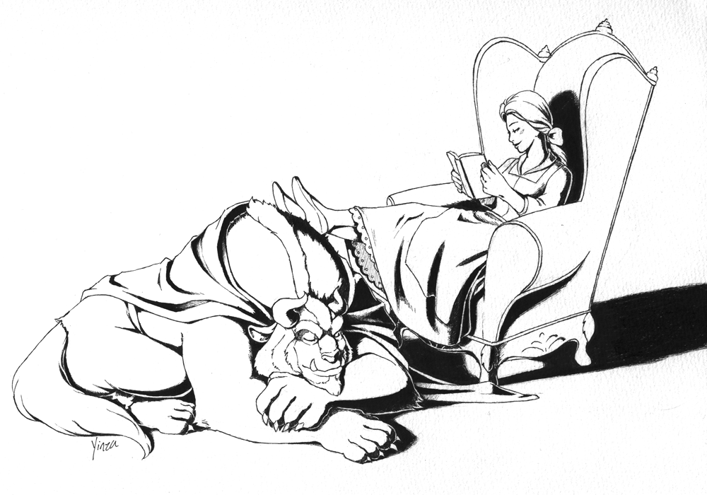 The Beast lies curled up peacefully while Belle reads a book, resting her feet on his back.