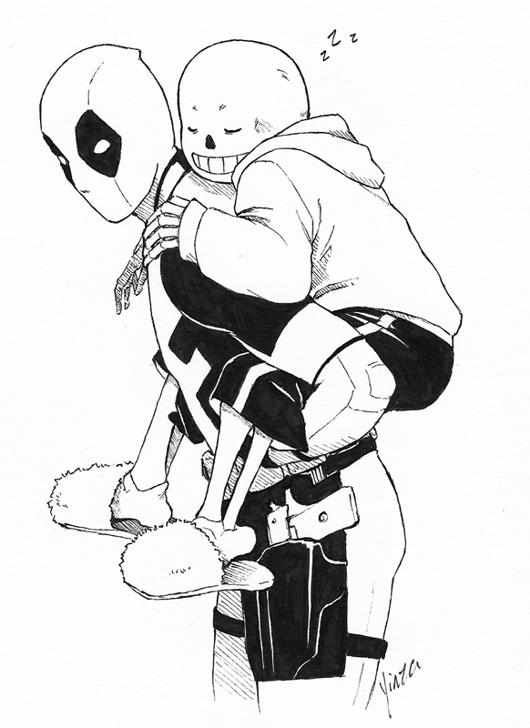 Deadpool gives Undertale Sans a piggyback ride.