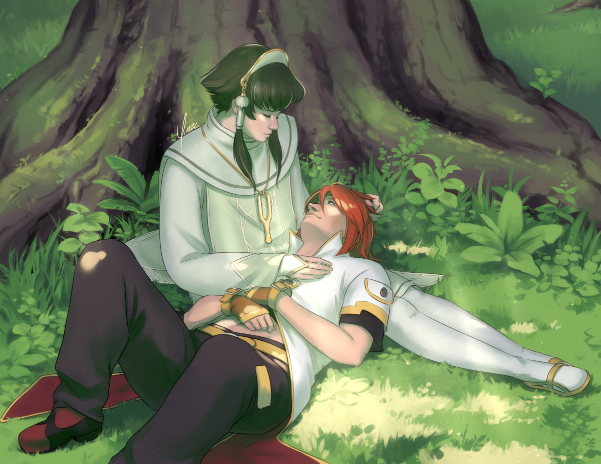 Digital fanart of Fon Master Ion and Luke fon Fabre resting in the Cheagle Woods. Ion sits at the base of a large, moss-covered tree, and he looks down at Luke, who lies on his back with his head in Ion's lap. Ion rests his right hand on Luke's chest while his left is in Luke's hair. Luke's arms rest loosely across his stomach and he looks up at Ion with a soft smile. Shafts of sunlight filter down from above.