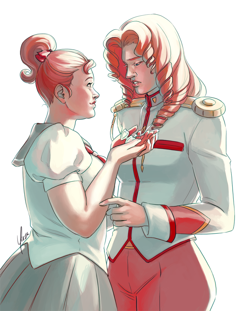 Wakaba smiles as she hangs a new heart-shaped locket around Juri's locket. Juri looks touched and unsure.