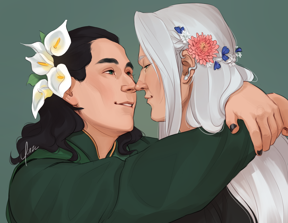 Digital artwork of the MCU's Loki and Sephiroth from Final Fantasy VII, shown from the shoulders up. Loki has his arms looped around Sephiroth's neck, and the two of them gaze at each other, smiling. Loki has calla lilies in his hair, while Sephiroth has a single pink chrysanthemum and some smaller blue and white flowers.