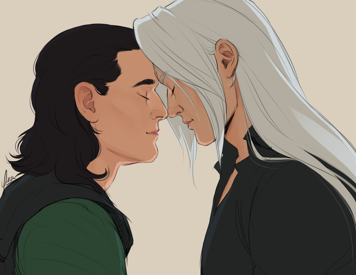 Digital artwork of the MCU's Loki and Sephiroth from Final Fantasy VII, shown from the shoulders up in profile. They are facing each other, leaning in so that their foreheads and noses just touch. Both have their eyes closed and are smiling faintly in contentment.