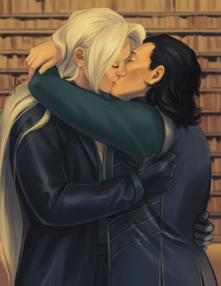 A digital painting of Sephiroth from Final Fantasy VII and Loki from the MCU, shown from the waist up. The lighting is gold-tinted, with bookshelves visible in the background. Sephiroth's left hand is settled against Loki's back while his right grips Loki's coat. Loki is leaning up slightly to loop both his arms around Sephiroth's neck. Both have their eyes closed as they kiss.