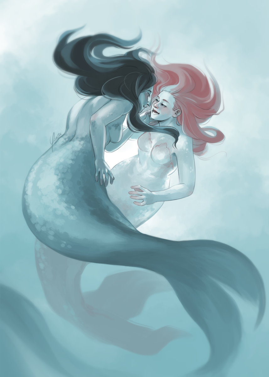 Digital fanart of  Ulla and Signy  from The Language of Thorns, shown underwater in mermaid form. They are loosely twisted around each other, Ulla with her back mostly to the viewer and Signy facing her. Ulla has her left hand lightly cupping Signy's chin, and their faces are close to one another, mouths open and smiling softly as they look at one another.