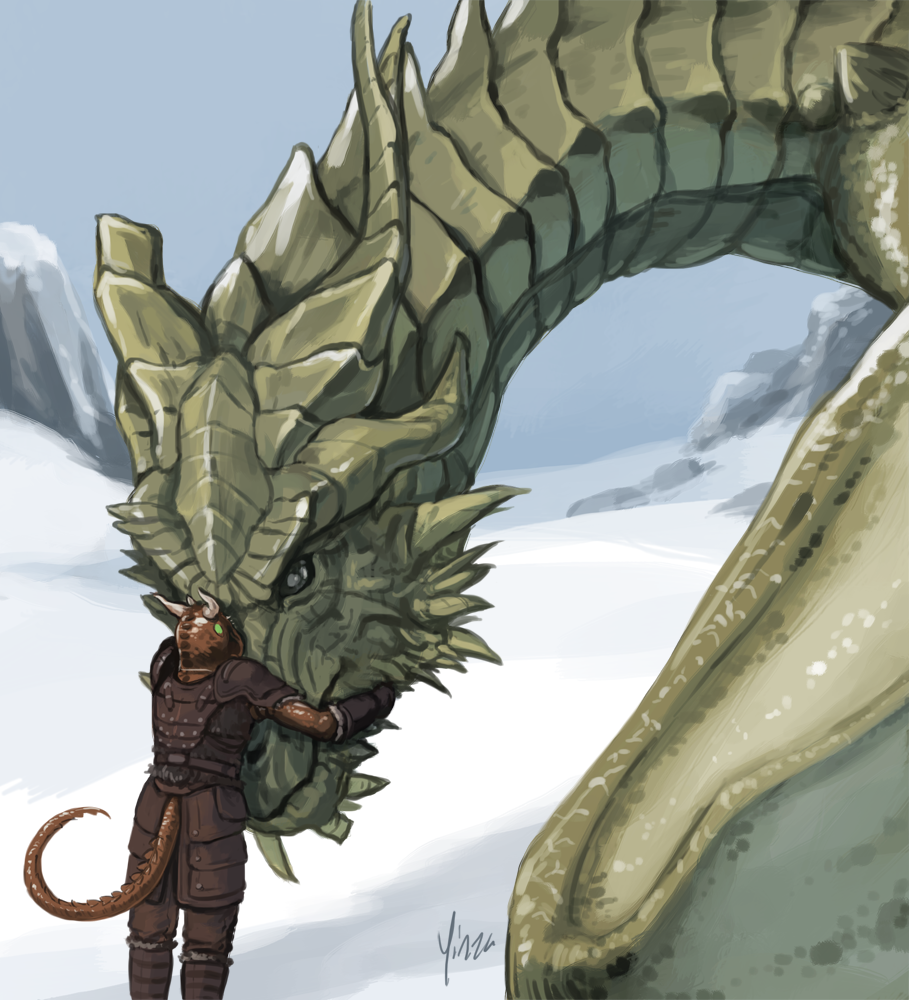 An Argonian Dragonborn hugs Paarthurnax's face.
