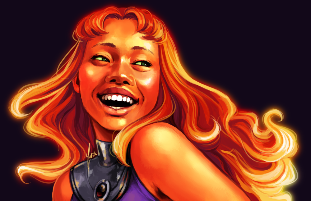 A portrait of Starfire beaming as she looks over her shoulder.