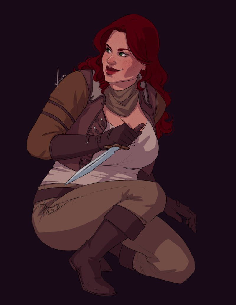 A digital drawing of a redheaded Inqusitor Cadash crouching with a dagger at the ready. She has a confident smile on her face.