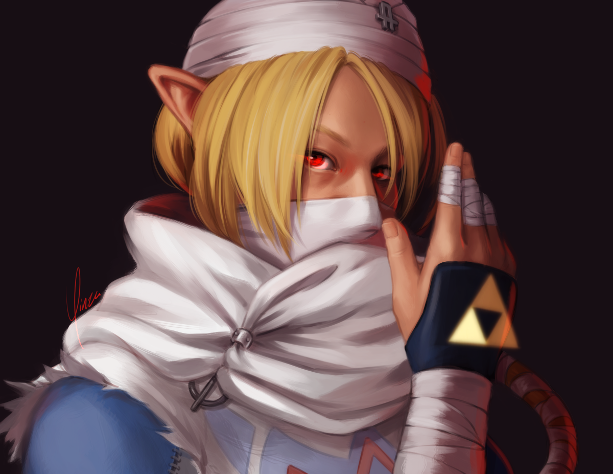 A digital painting of Sheik from The Legend of Zelda, shown from the shoulders up at a 3/4 angle. He is looking at the viewer and holding up his right hand, over which hovers the Triforce of Wisdom.
