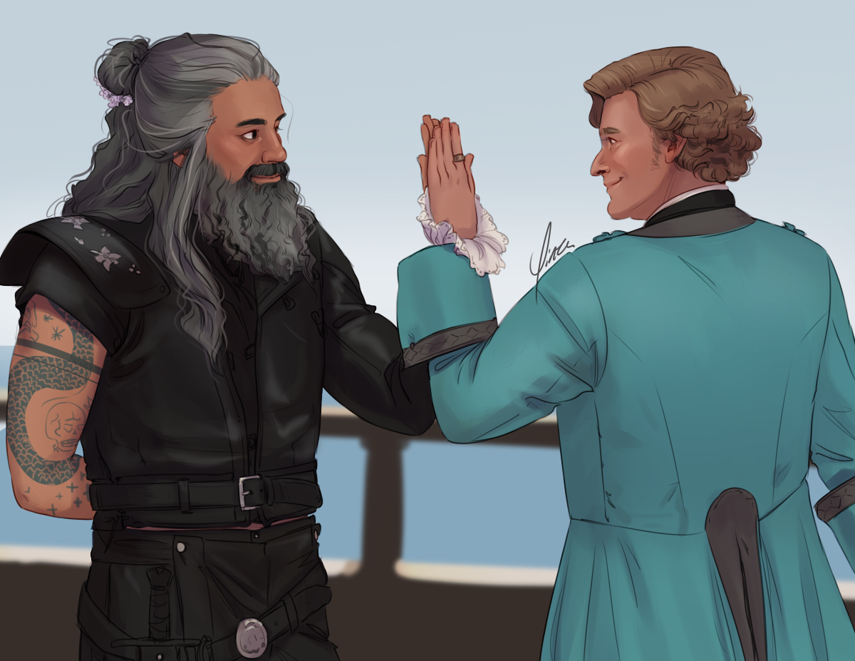 Digital artwork of Blackbeard and Stede Bonnet from Our Flag Means Death. Shown from the waist up on the deck of the ship, Blackbeard wears his black leather outfit with the addition of some small white flowers in his hair, while Stede wears his blue coat. They are dancing a minuet, with their left palms together as they face each other smiling.