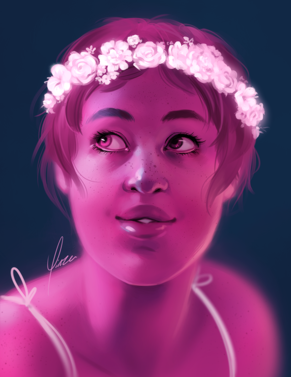 A digital portrait painting of Persephone as depicted in the comic Lore Olympus. She has pink freckled skin, pink eyes, and pink hair in a pixie cut. She wears a white glowing flower crown, and white spaghetti straps are visible. She is shown facing the viewer, but looking up to her right with a slight smile.