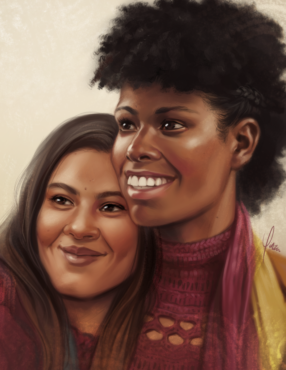 A digital bust painting of Joana and Natália from the series 3%. They wear their Inland clothes, and Natália is leaning in close with her head tucked against Joana's shoulder. Both are smiling wide, Joana with her teeth showing, as they look ahead at something off-camera.