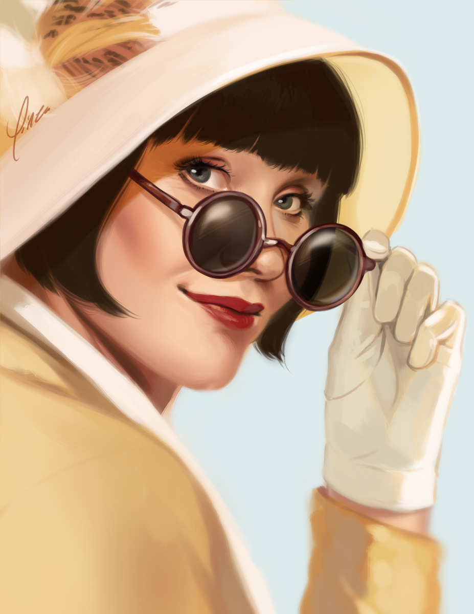 A digital portrait painting of Phryne Fisher from Miss Fisher's Murder Mysteries. She wears a pale yellow hat decorated with feathers, a yellow coat, white scarf, and white gloves. She is pulling down a pair of round sunglasses to smirk at the viewer over her shoulder.