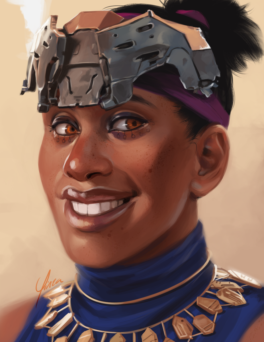 A digital portrait painting of Vanasha as seen in Horizon Forbidden West. She is shown at a 3/4 angle, her face warmly lit, and she smiles broadly at the viewer. She wears her metal headpiece but no hood, her hair tied up in a short ponytail.