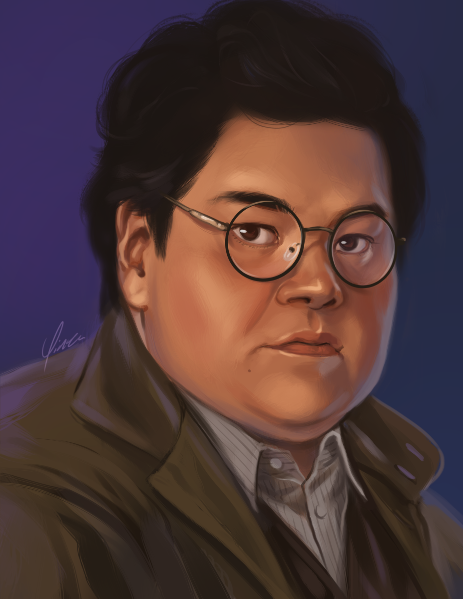 A digital portrait painting of Guillermo de la Cruz from What We Do in the Shadows, shown from a 3/4 angle against a purple background. He wears his brown trench coat over a striped white button-down shirt and leather vest. He looks seriously at the viewer from behind round glasses.