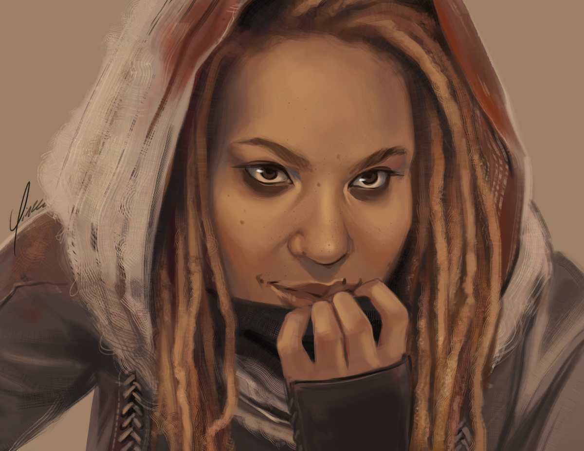 A digital portrait painting of Aviendha as portrayed by Ayoola Smart. She is leaning forward slightly, smirking at someone ahead of her as she starts to raise her veil with her left hand.
