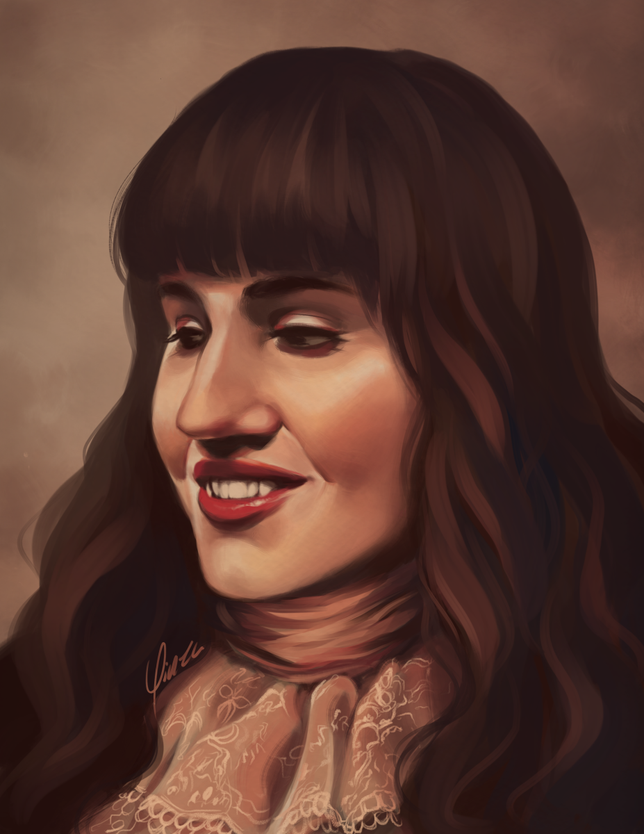 A digital portrait painting of Nadja from What We Do in the Shadows, as portrayed by Natasia Demetriou. She is shown at a ¾ angle wearing a lace cravat, smiling softly with her mouth open just wide enough to see her fangs. Her gaze is slightly lowered so that her lashes mostly shadow her eyes. The piece has a warm sepia tint to it.
