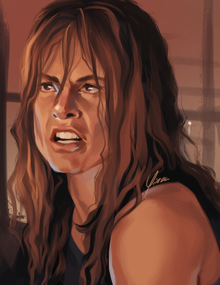 A digital portrait painting of Sarah Connor, as seen towards the end of Terminator 2 when she is about to fire a shotgun at a terminator. Her hair is down and messy, her expression angry and her teeth bared.